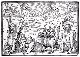 xilogr. di H. Holbein: le 4 bestie di Daniele