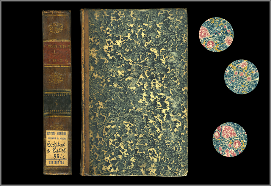 dorso, piatto ant. e particolari della carte di guardia marmorizzate