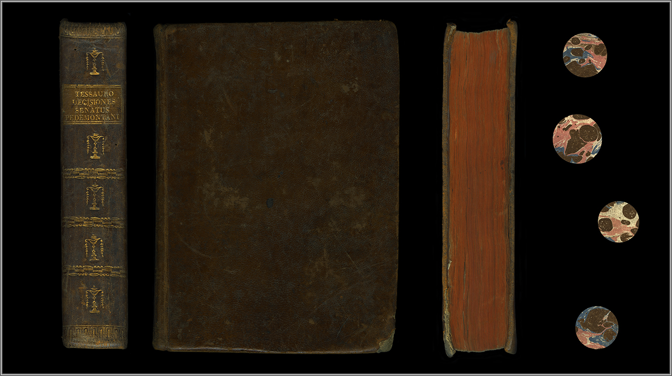 dorso, piatto e taglio anteriori, con campioni della carta marmorizzata delle controguardie