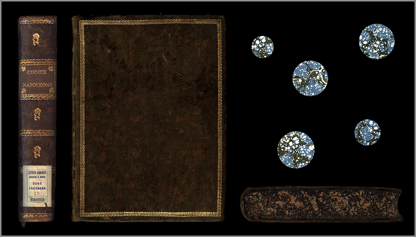 dorso, piatto anteriore, taglio di piede e particolari dalle carte di guardia