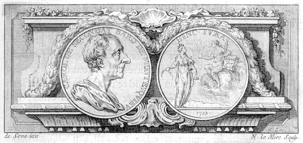 medaglia incisa: Montesquieu e la Giustizia